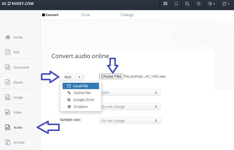 Aconvert อัปโหลดไฟล์ WAV WAV เป็น OGG