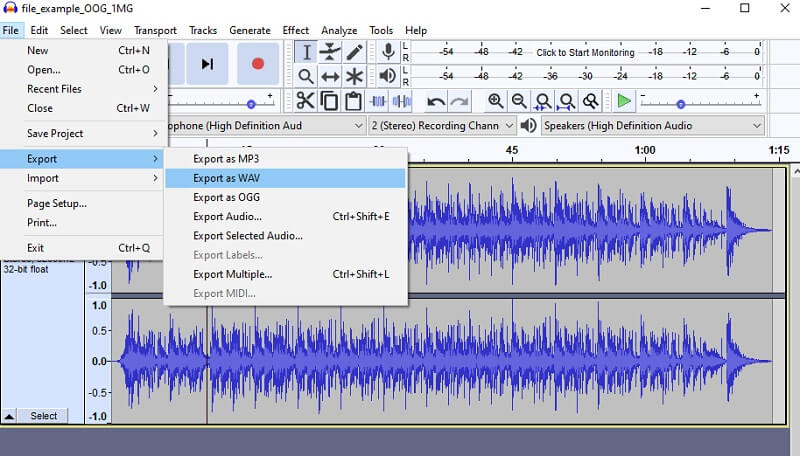 Audacity конвертировать файл OGG в WAV