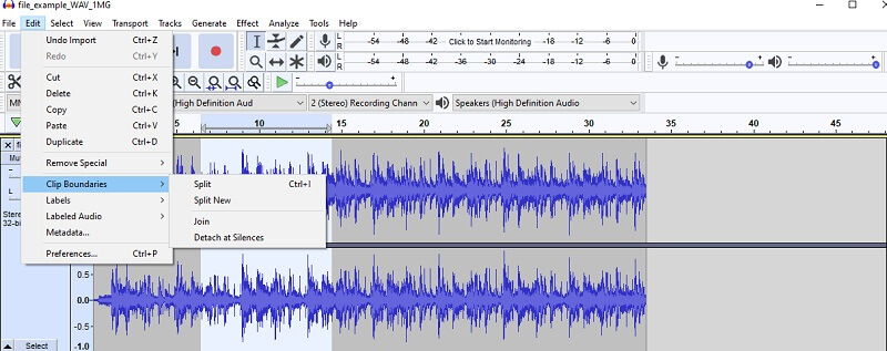 آلة قص الصوت من Audacity Cut Fragment