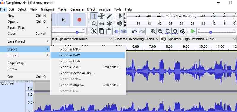 Audacity Export do WAV M4A do WAV