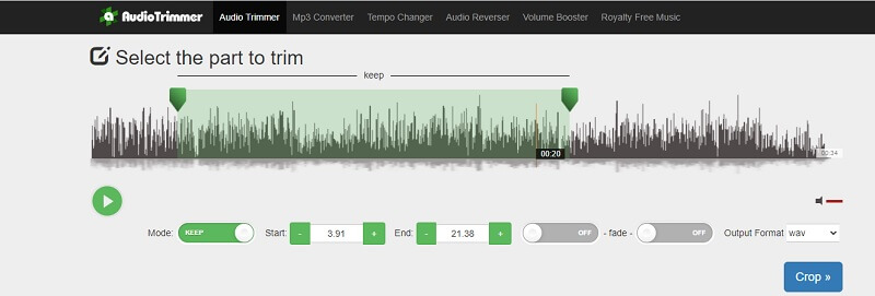 Äänitrimmeri MP3 -leikkurin käyttöliittymä Audiotrimmeri