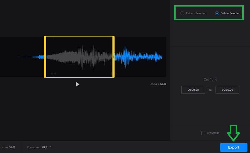 Clideo Cut Audio Export souboru Ořízněte soubor MP3