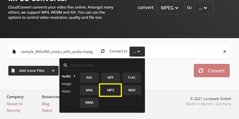 C ؛ عود تحويل حدد إخراج MPEG إلى MP3