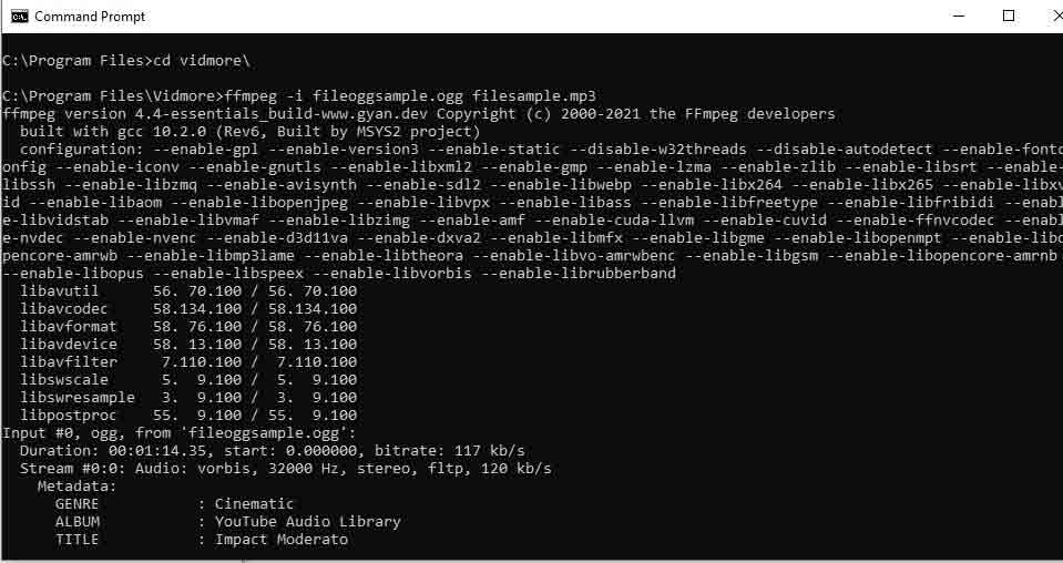 Komut İstemi İşlemi FFmpeg OGG'yi MP3'e Dönüştürme