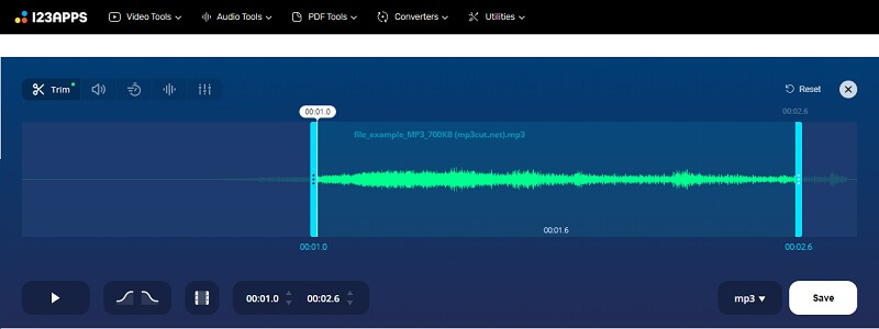 OnlineMP3Cutter Interface Trim MP3 datoteka