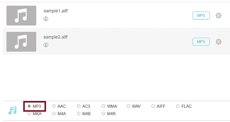 Vidmore Foac 选择格式 AIFF 到 MP3