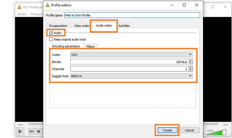 VLC Seleccione Crear perfil M4A a WAV