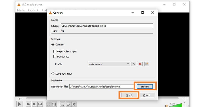VLC Velg Start konvertering M4A til WAV