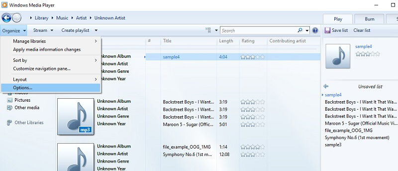 Windows Media Player Avaa kopiointiasetukset AIFF MP3 -muotoon