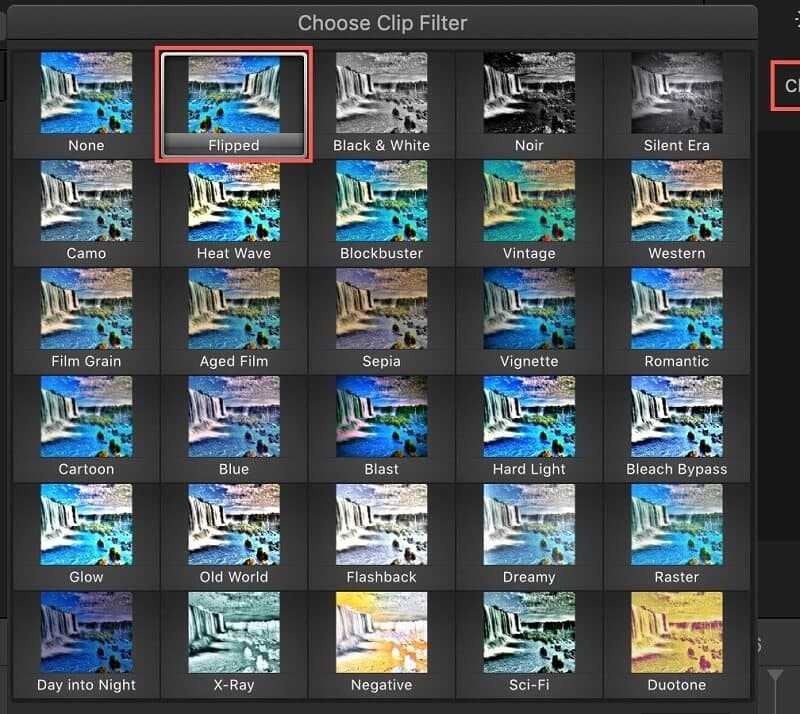 iMovie Choose Clip Filter Flipped
