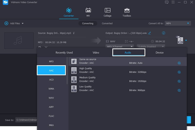 Vidmore Выбрать формат AAC