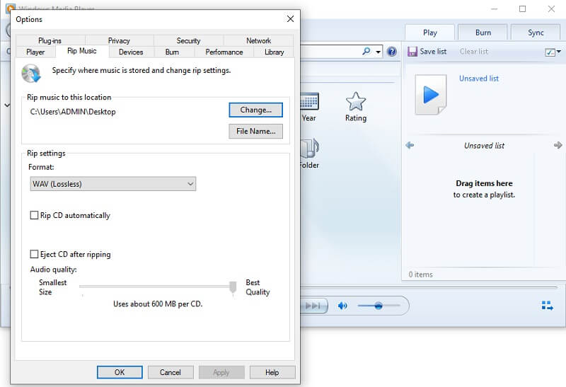 Windows Media Player Interface Audio naar WAV