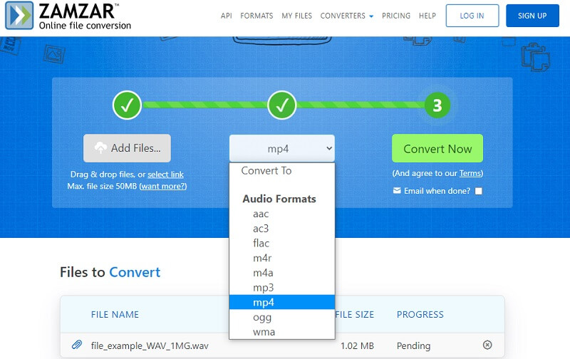 Conversão de arquivo de interface Zamzar