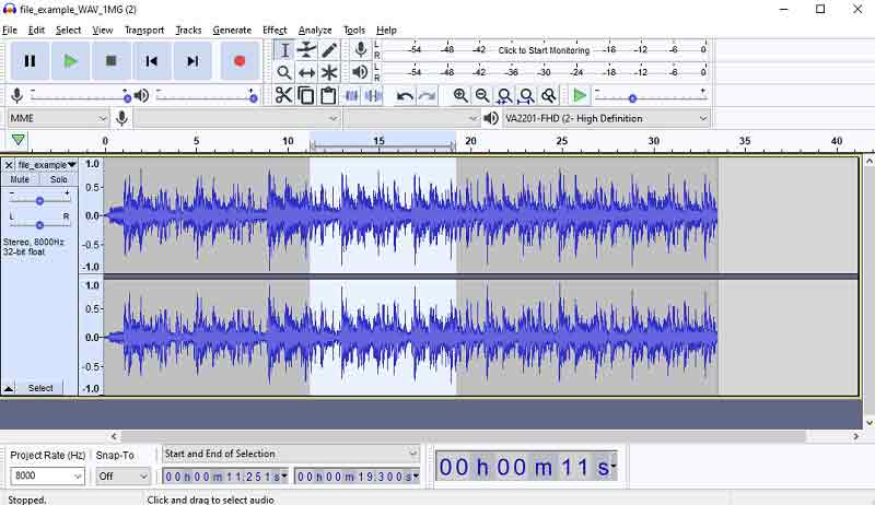 Arquivo de áudio Audacity Cut