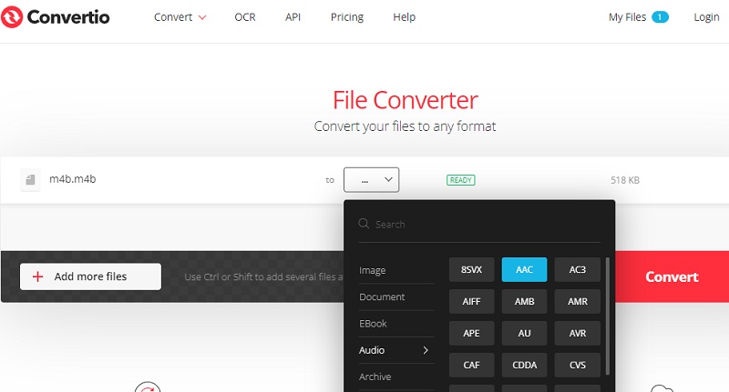 Convertio converter M4B para AAC