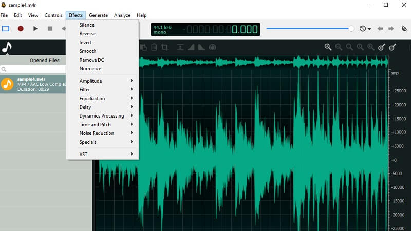 Interfaz de mejora de audio de Ocenaudio