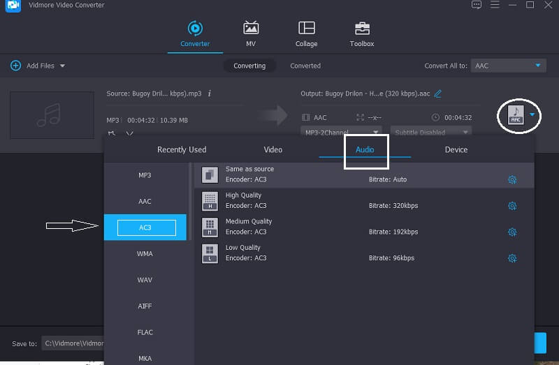 Vidmore Выберите формат AC3