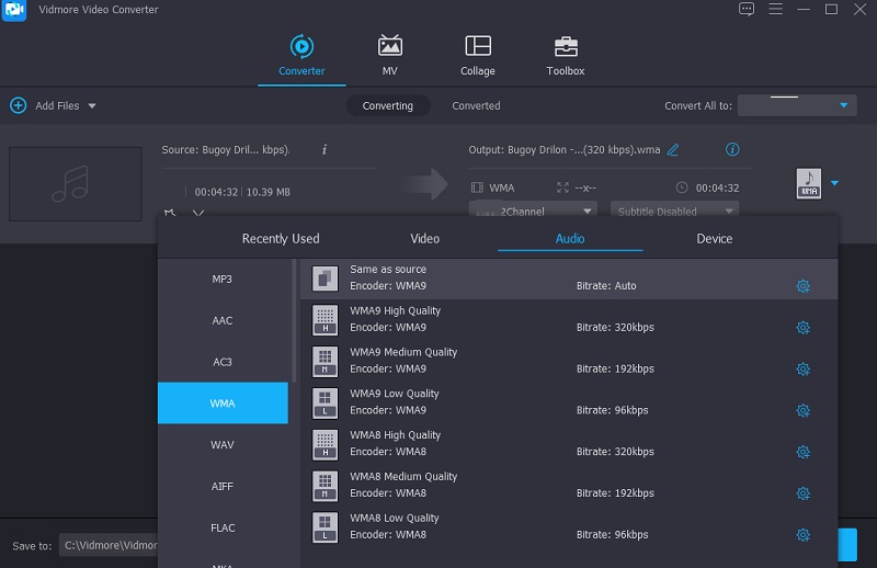 Vidmore Elija el formato WMA