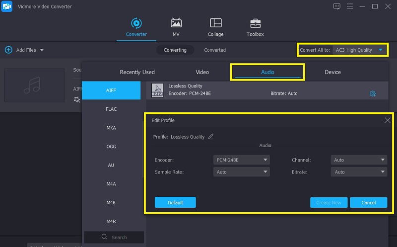 Vidmore AIFF Formatını Seçin Profili Düzenle