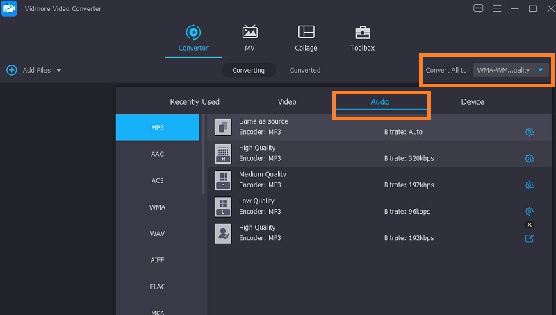 Vidmore VC Select MP3 Output Format