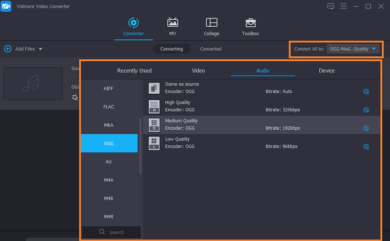 Vidmore VC Välj Output Audio Format