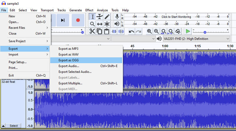 Audacity konvertálja az MP2-t OGG-vé