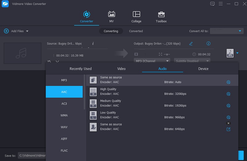 Odaberite AAC format Vidmore