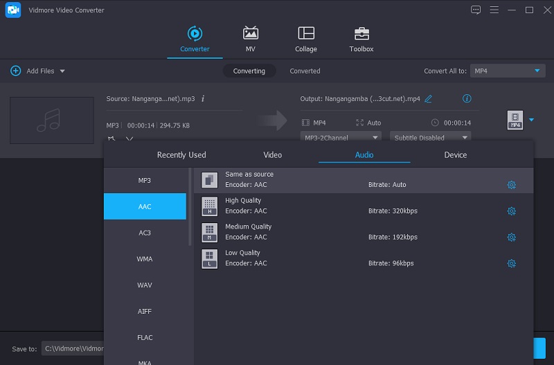 Odaberite AAC formate Vidmore