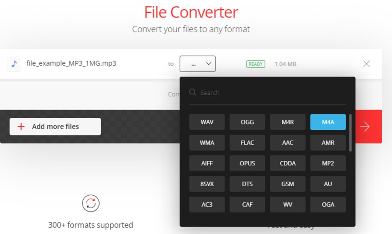 Convertio เลือกรูปแบบเอาต์พุต