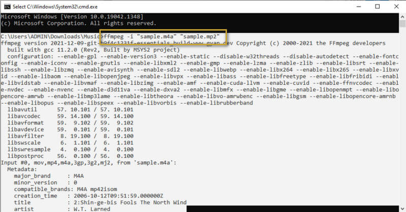 FFMPEG แปลง M4A เป็น MP2