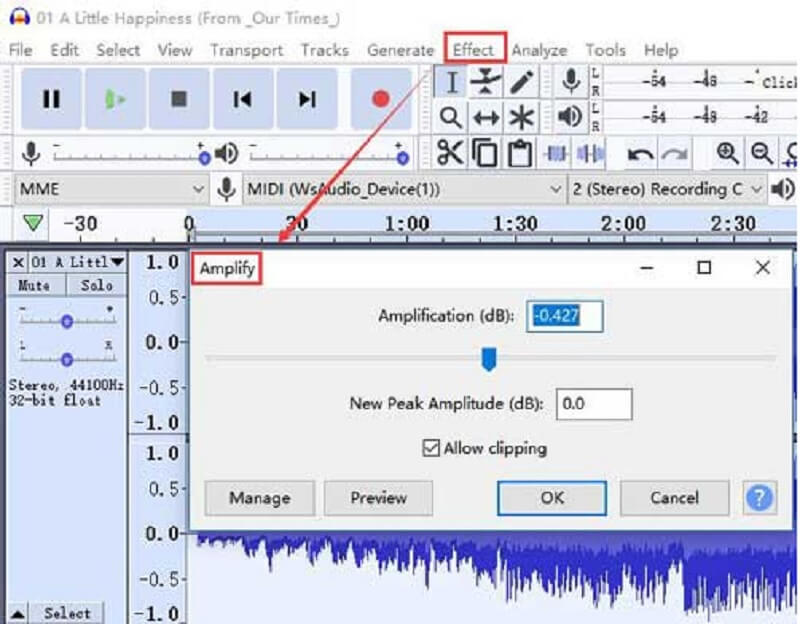 Növelje a hangerőt Audacity