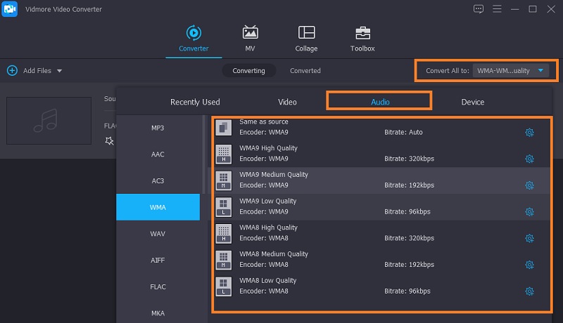 Vidmore Seleccionar configuración de salida