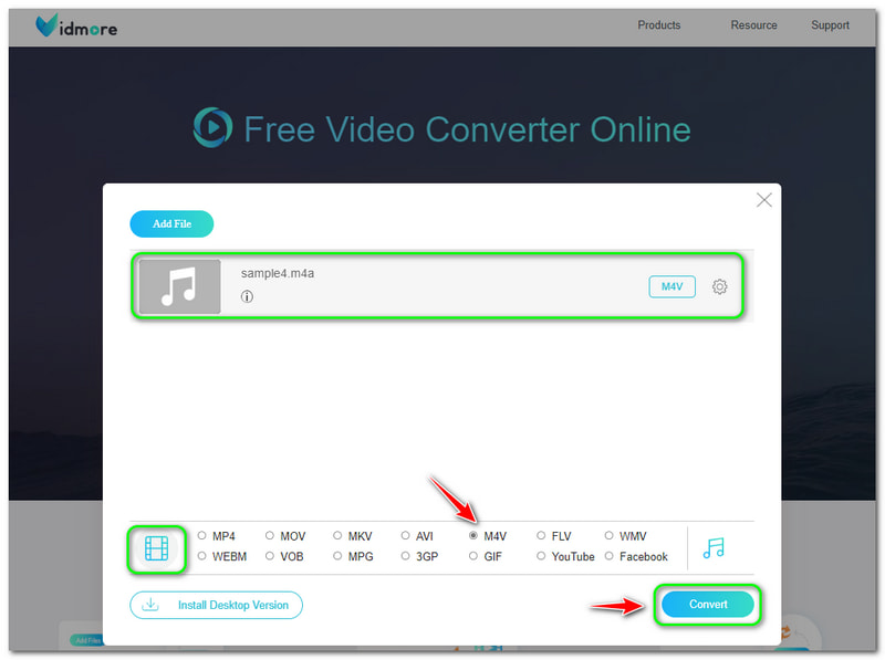 M4A para M4V Vidmore Conversor de Vídeo Gratuito Online Botão Converter