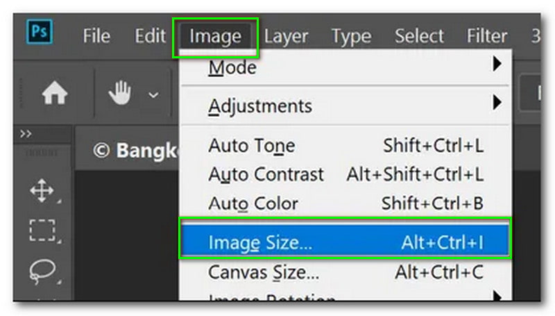 Gjør bildene større Photoshop Image Menu