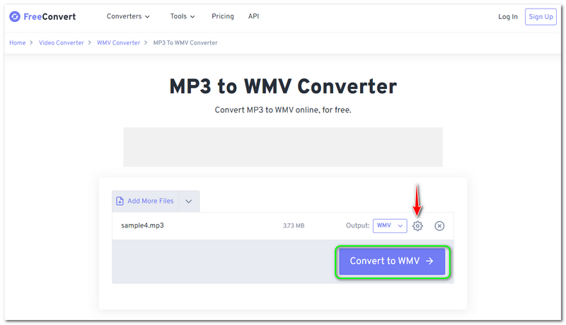 MP3 to WMv Freeconvert to WMV 버튼