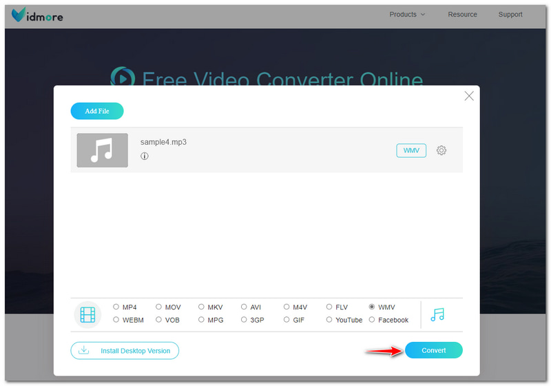 WMA naar AVI Vidmore Gratis Converter Online Convert-knop