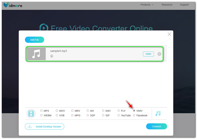 MP3 to WMV Vidmore Free Video Converter Oline tick WMV File Format