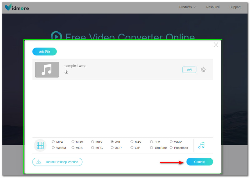 WMA til AVI Vidmore Free Video Converter Online Convert-knapp