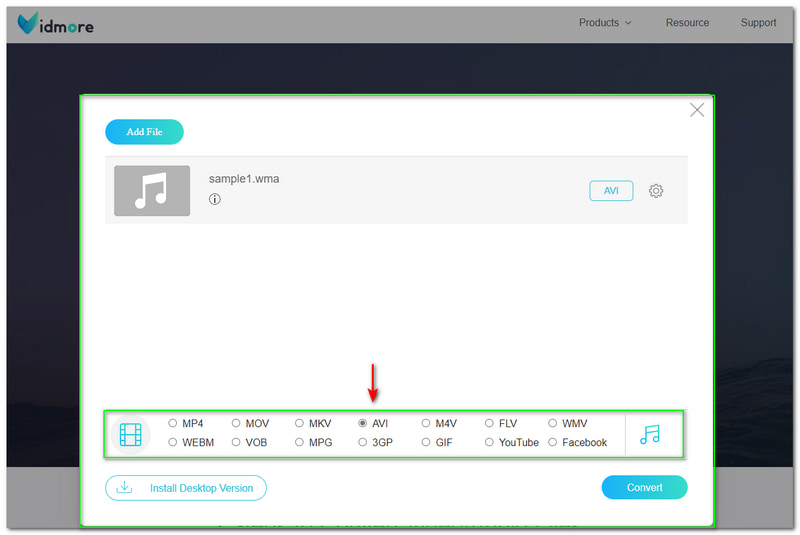 WMA to AVI Vidmore Free Video Converter Online Output Format