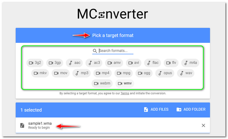 WMA'dan WMV'ye Mconverter Bir Hedef Formatı Seçin