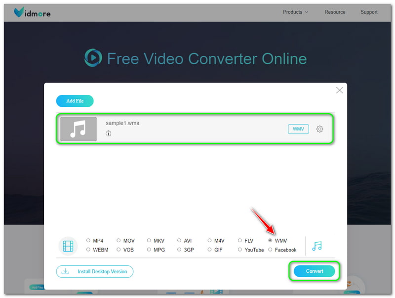 WMA ל-WMV Vidmore Free Video Converter Onlie Convert Buttons