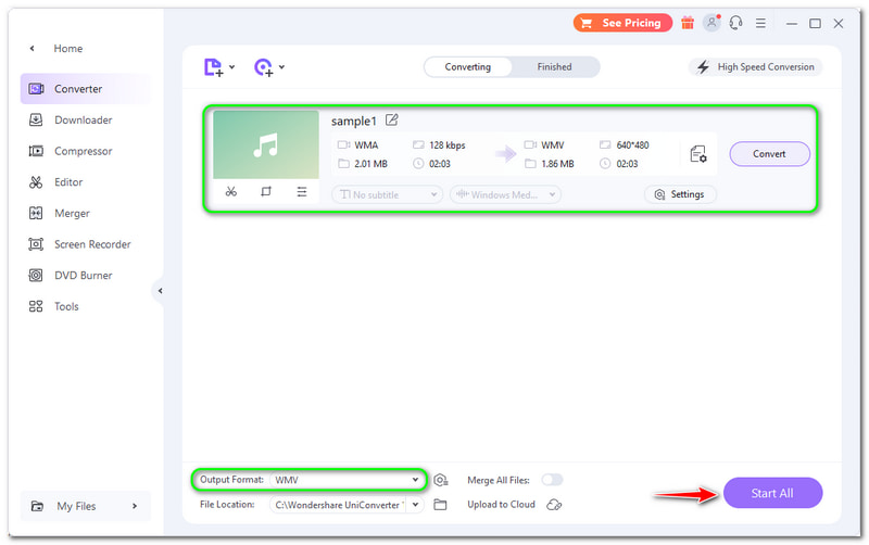 WMA to WMv Wondershare Uniconverter Converter Tümünü Başlat Düğmesi