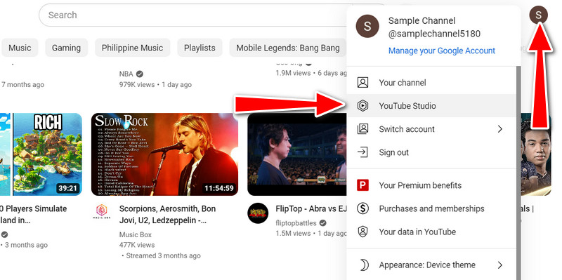 Youtube Studio'yu seçin