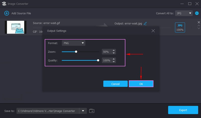 Seleziona PNG come formato di output