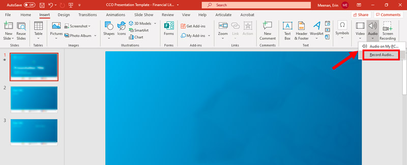 पावरपॉइंट रिकॉर्ड ऑडियो फ़ीचर चुनें
