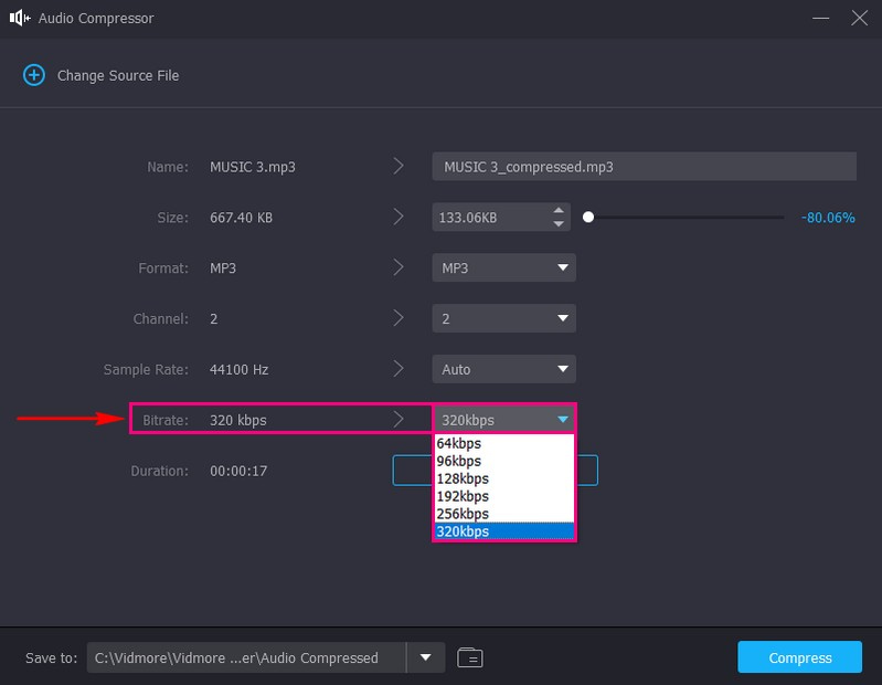 Fai clic sul menu a discesa Bitrate