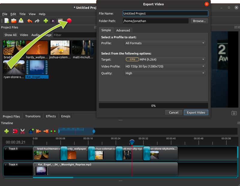 Exportación del editor de vídeo OpenShot