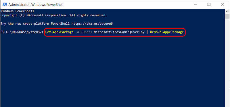 Escriba el comando en Windows Powershell