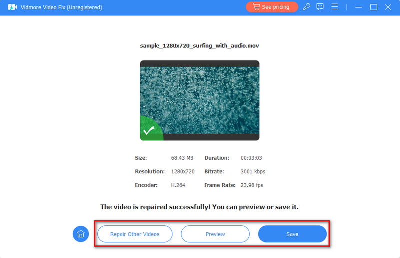 Obtenga una vista previa o guarde videos reparados