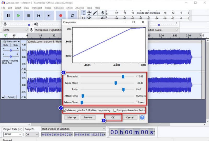 Audacity Эффект Порог компрессора Минимальный уровень шума